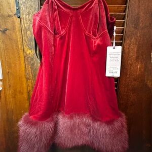 Luxurious Red Velvet Dress with Faux Fur Trim